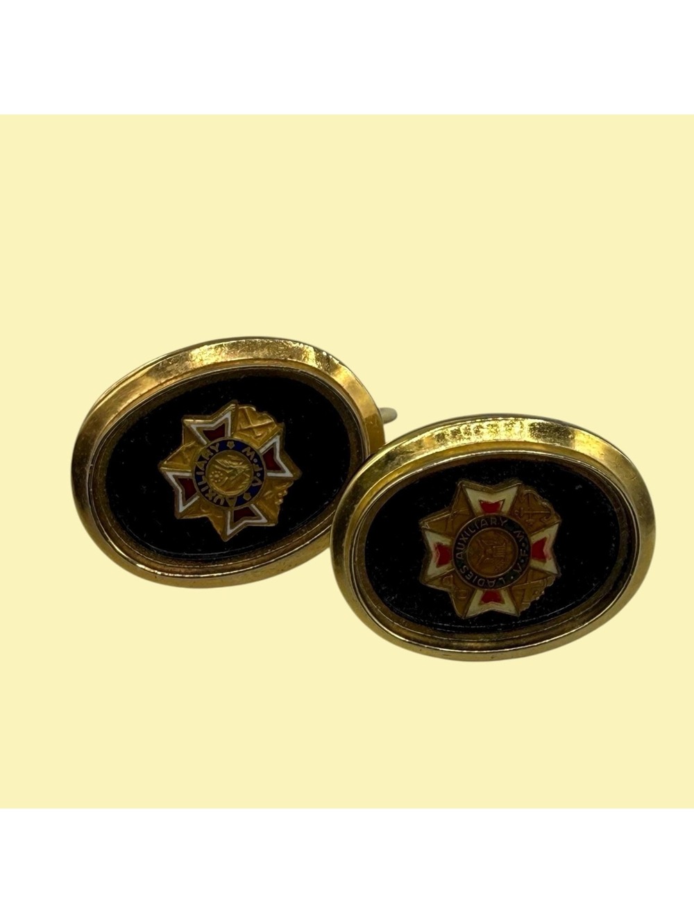 Vintage Small Clip on Earrings with VFW Auxiliary Medallion, Oval Gold Tone